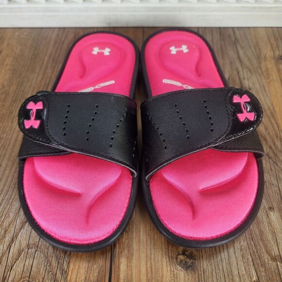 Under Armour Ignite VI Slides Youth Size 2Y Black Pink Adjustable Strap Sandals - Picture 8 of 9
